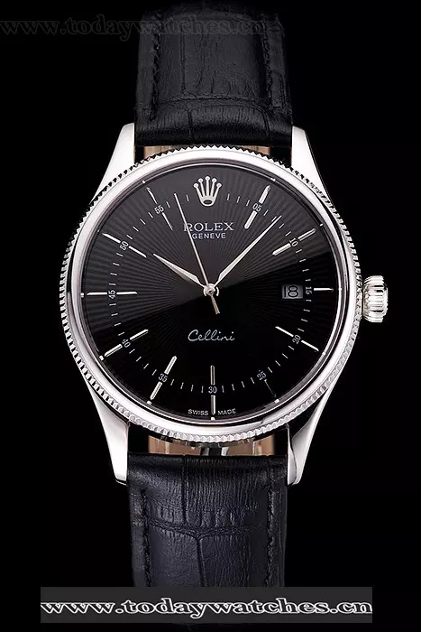 Rolex Cellini Date Black Dial Stainless Steel Case Black Leather Strap Pant121594