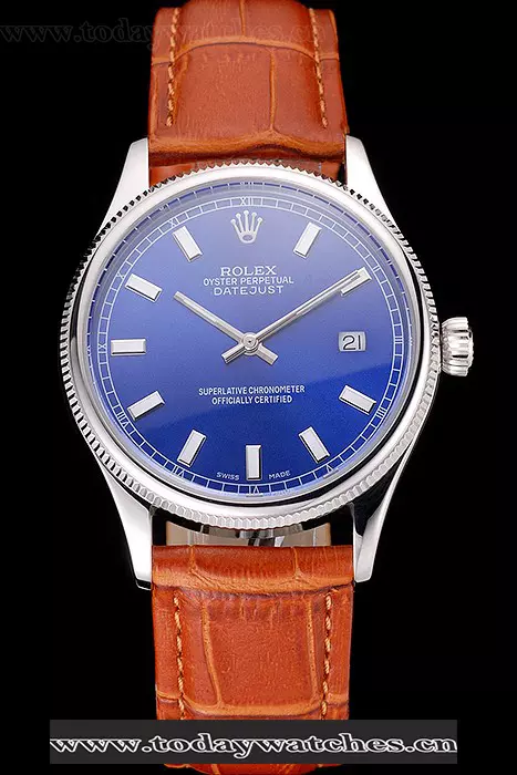 Rolex Datejust Blue Dial Stainless Steel Case Light Brown Leather Strap Pant121601