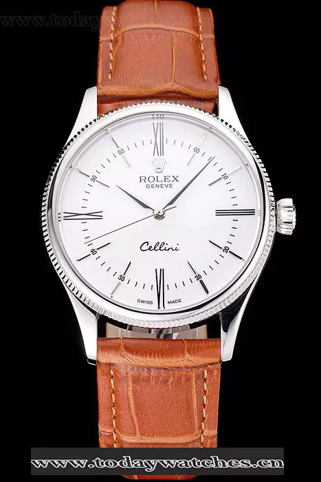 Rolex Cellini White Dial Roman Numerals Stainless Steel Case Light Brown Leather Strap Pant121602