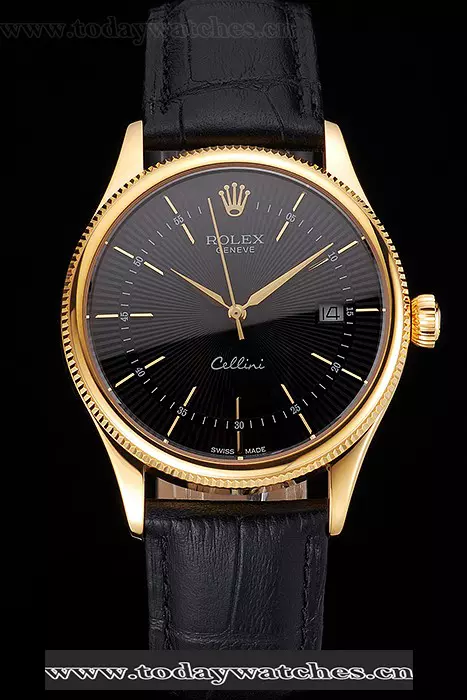 Rolex Cellini Date Black Dial Gold Case Black Leather Strap Pant121603