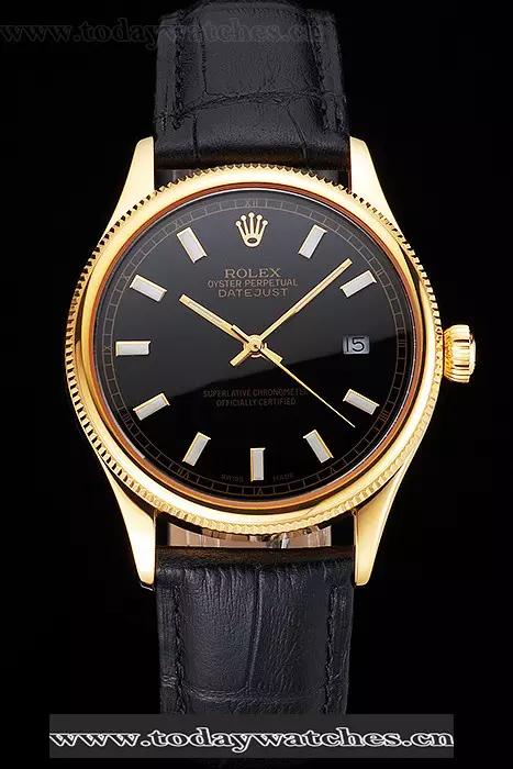Rolex Datejust Black Dial Gold Case Black Leather Strap Pant121604