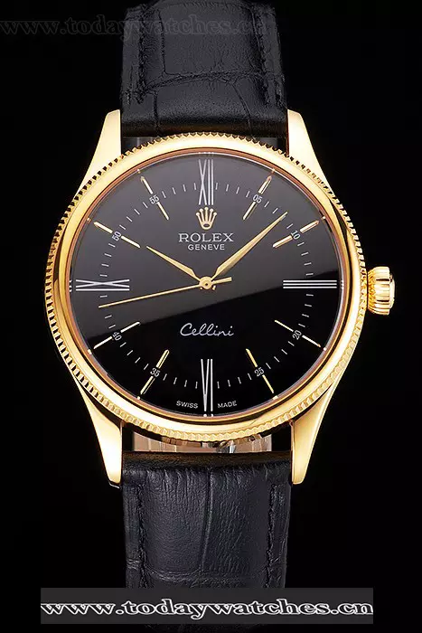 Rolex Cellini Black Dial Roman Numerals Gold Case Black Leather Strap Pant121607