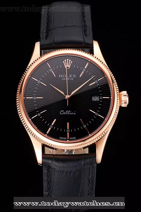Rolex Cellini Date Black Dial Rose Gold Markings Rose Gold Case Black Leather Strap Pant121610