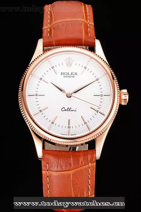 Rolex Cellini White Dial Rose Gold Case Brown Leather Strap Pant121612