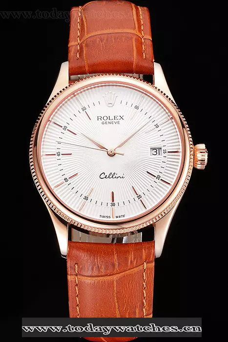 Rolex Cellini Date White Dial Rose Gold Case Brown Leather Strap Pant121613