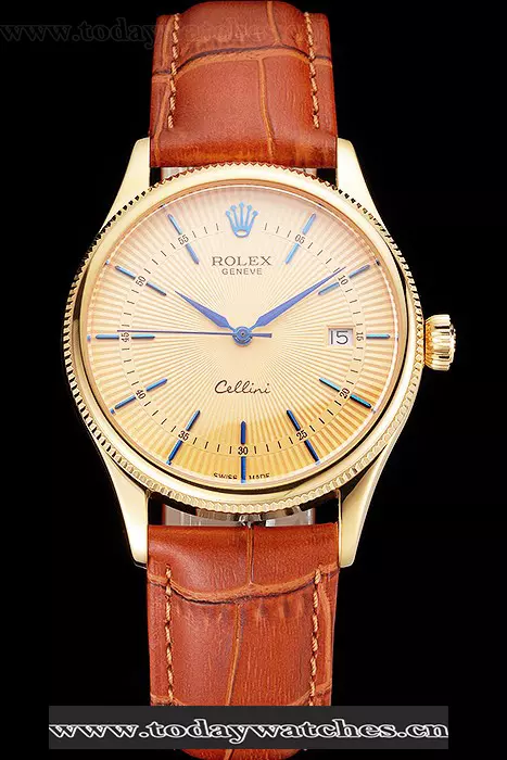 Rolex Cellini Date Gold Guilloche Dial Gold Case Light Brown Leather Strap Pant121618