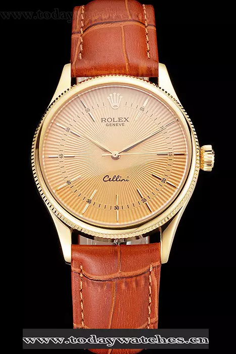 Rolex Cellini Gold Dial And Markings Gold Case Light Brown Leather Strap Pant121620