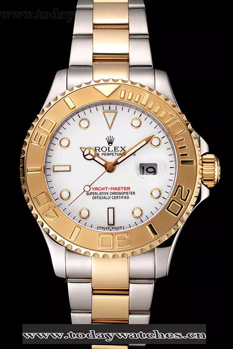 Rolex Yacht Master White Dial Gold Bezel Stainless Steel Case Two Tone Bracelet Pant122491
