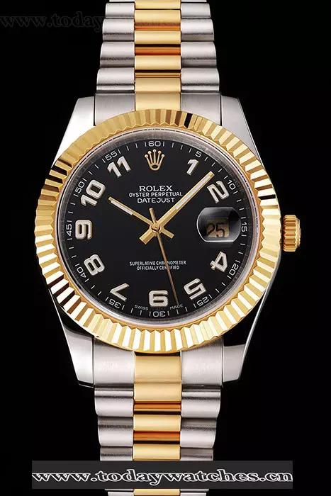 Rolex Datejust Black Dial Gold Bezel Stainless Steel Case Two Tone Bracelet Pant122501