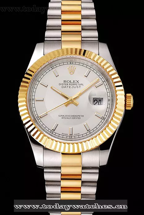 Rolex Datejust White Dial Gold Bezel Stainless Steel Case Two Tone Gold Bracelet Pant122511