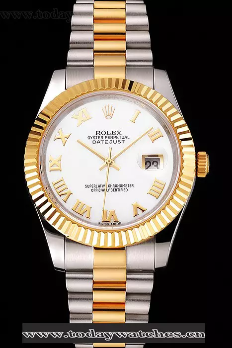 Rolex Datejust White Dial Roman Numerals Gold Bezel Stainless Steel Case Two Tone Bracelet Pant122512