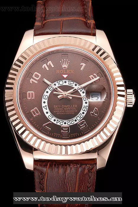 Rolex Sky Dweller Brown Dial Rose Gold Case Brown Leather Strap Pant121556