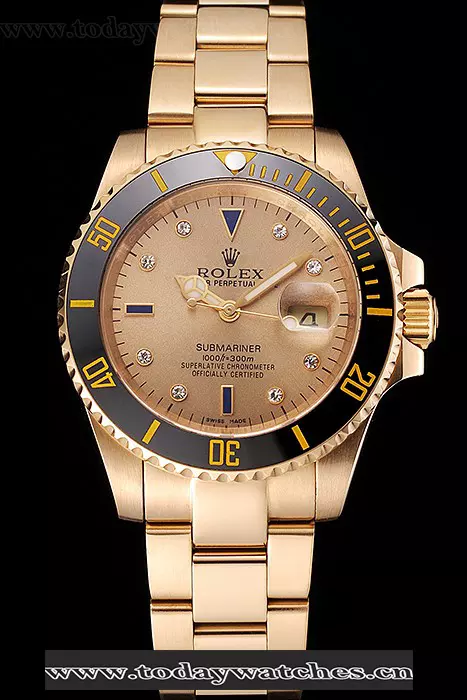Rolex Submariner Gold Dial With Diamond Markings Black Bezel Yellow Gold Case And Bracelet Pant122154