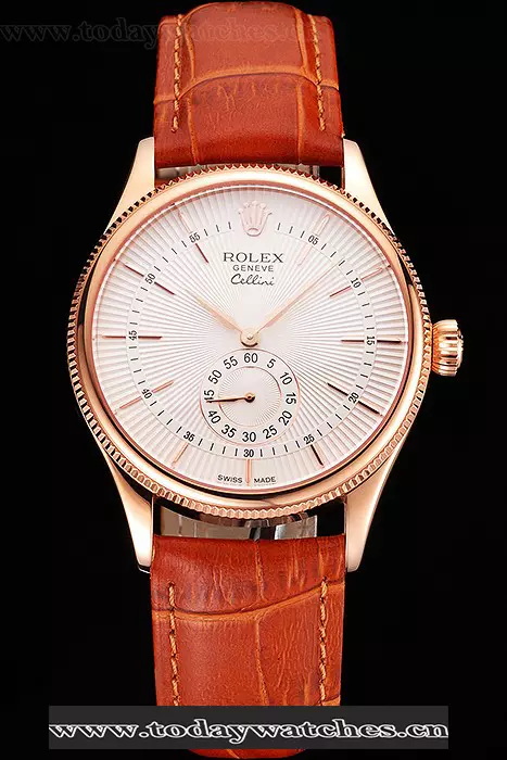 Rolex Cellini White Dial Rose Gold Case Light Brown Leather Strap Pant121586
