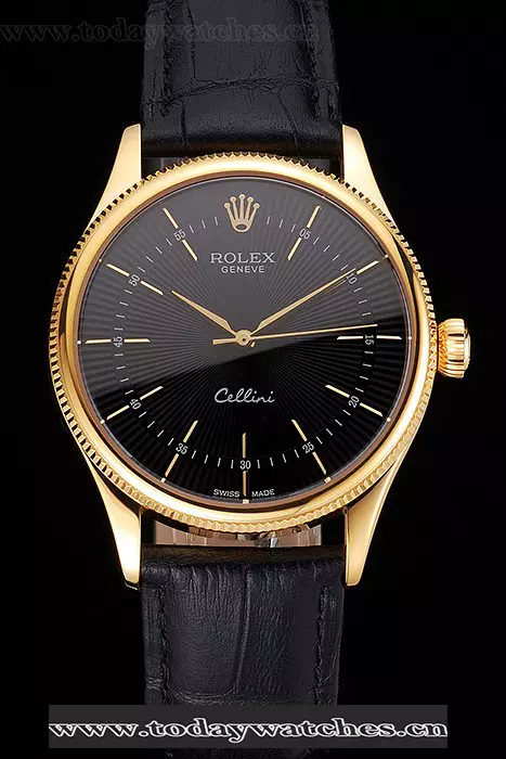 Rolex Cellini Black Dial Gold Markings Gold Case Black Leather Strap Pant121606