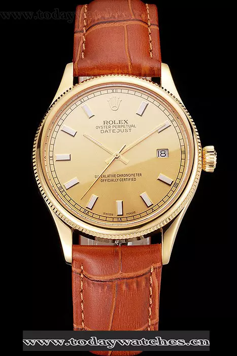 Rolex Datejust Gold Dial Gold Case Light Brown Leather Strap Pant121621