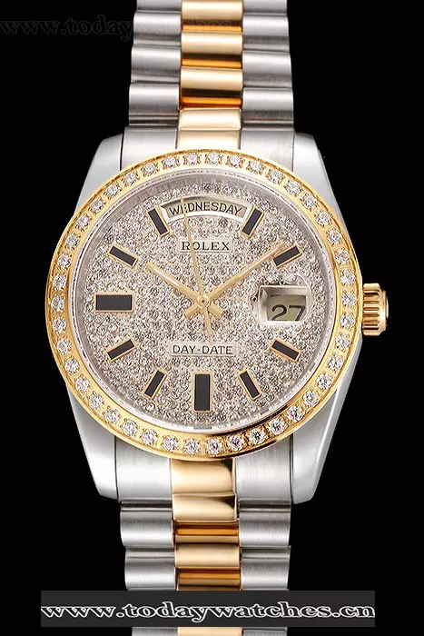 Rolex Day Date Diamond Pave Dial And Bezel Stainless Steel Case Two Tone Bracelet Pant123402