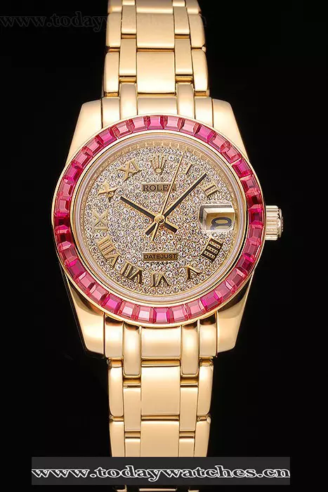 Rolex Datejust Diamond Dial Pink Jewels Bezel Gold Case And Bracelet Pant120978