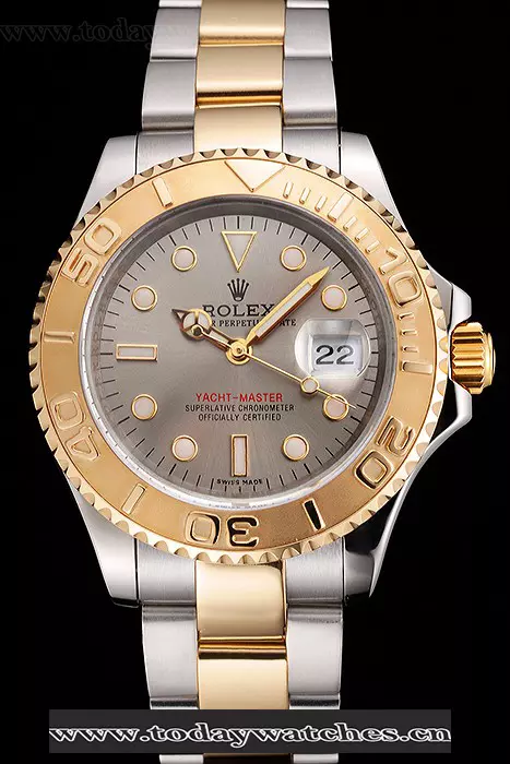 Rolex Yacht Master Gray Dial Gold Bezel Stainless Steel Case Two Tone Dial Pant123006
