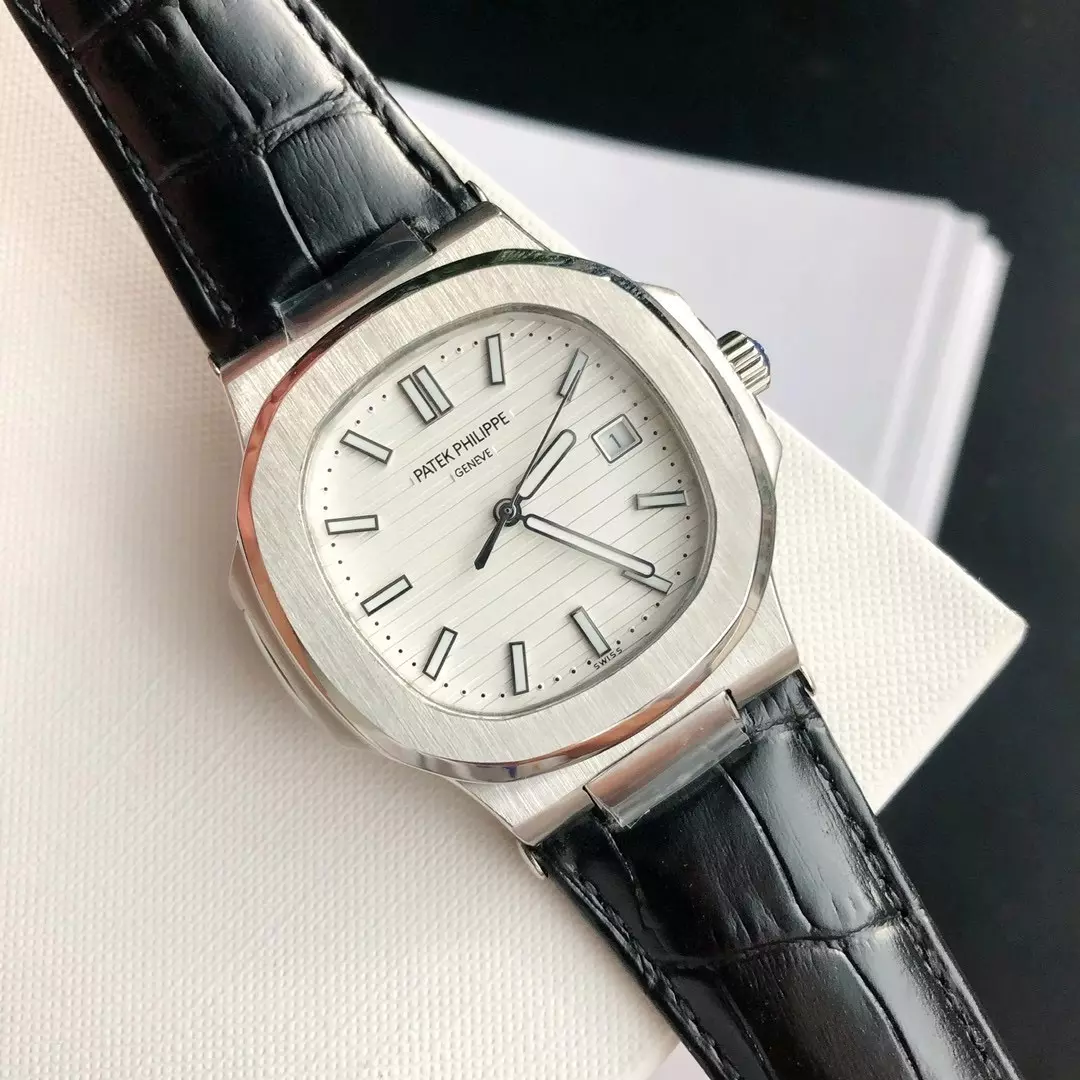 Swiss Patek Philippe White Dial Brushed Stainless Steel Case Black Leather Strap Paph20892