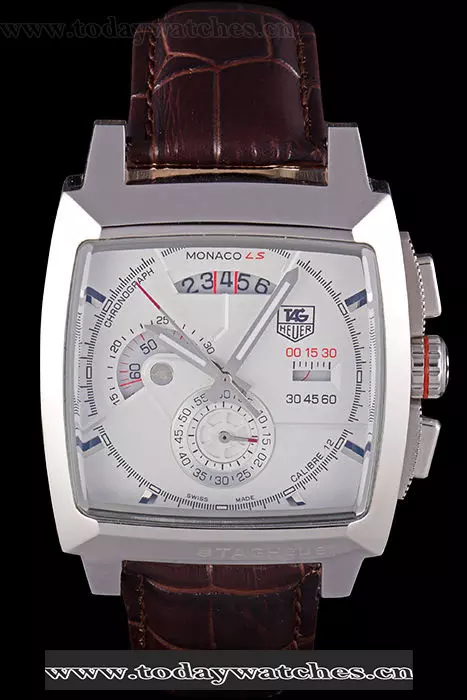 Tag Heuer Monaco Brushed Stainless Steel Case White Dial Brown Leather Strap Pant58247