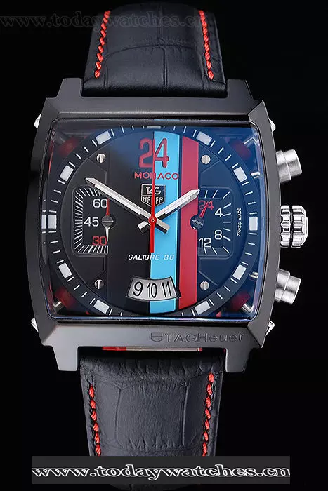 Tag Heuer Monaco Calibre 36 Blue And Red Dial Stripes Dial Black Leather Strap Pant60168