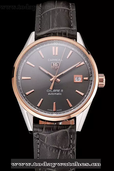 Tag Heuer Carrera Calibre 5 Gray Dial Rose Gold Case Black Leather Strap Pant121633